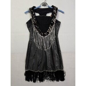 Curtain Call Dance Costume Dress Adult M Sequin Fringe Metallic‎ Black Silver